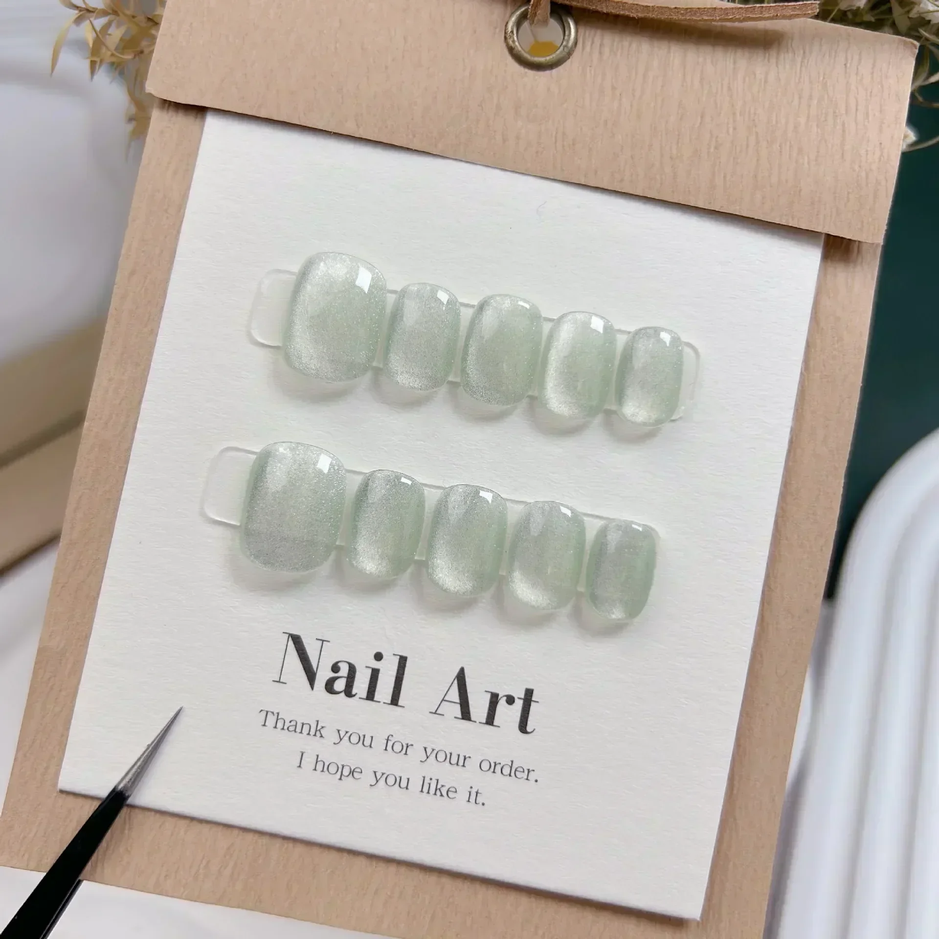 Nail Art Full Cat Eye - 10 szt. Krótkie, ręcznie robione, jasnozielone